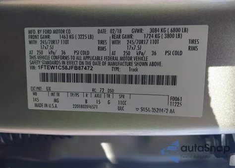 2018 Ford F-150 Xlt из США, поврежденный, VIN 1FTEW1C58JFB87472